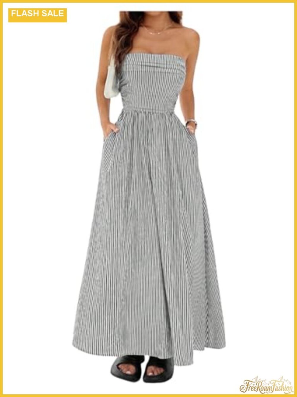 Women's Strapless Striped Maxi Dress Casual Sleeveless A-Line